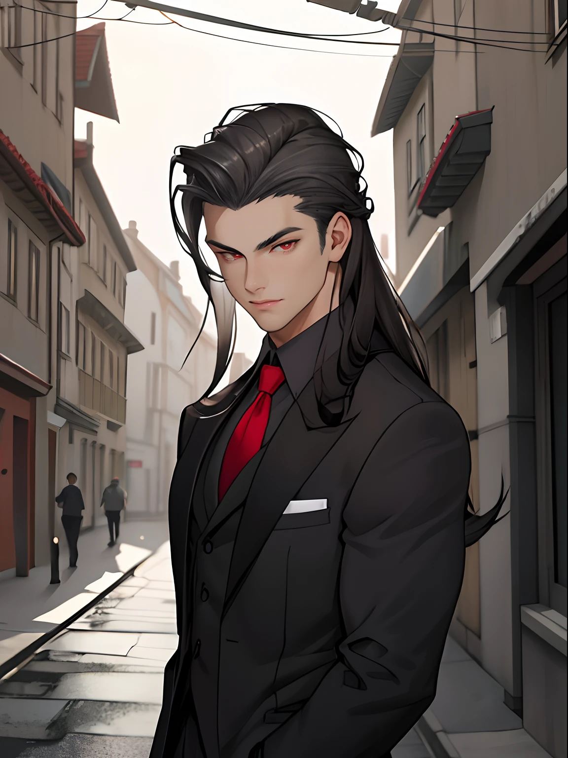 Anime guy in a suit and red tie standing in a narrow street - SeaArt AI