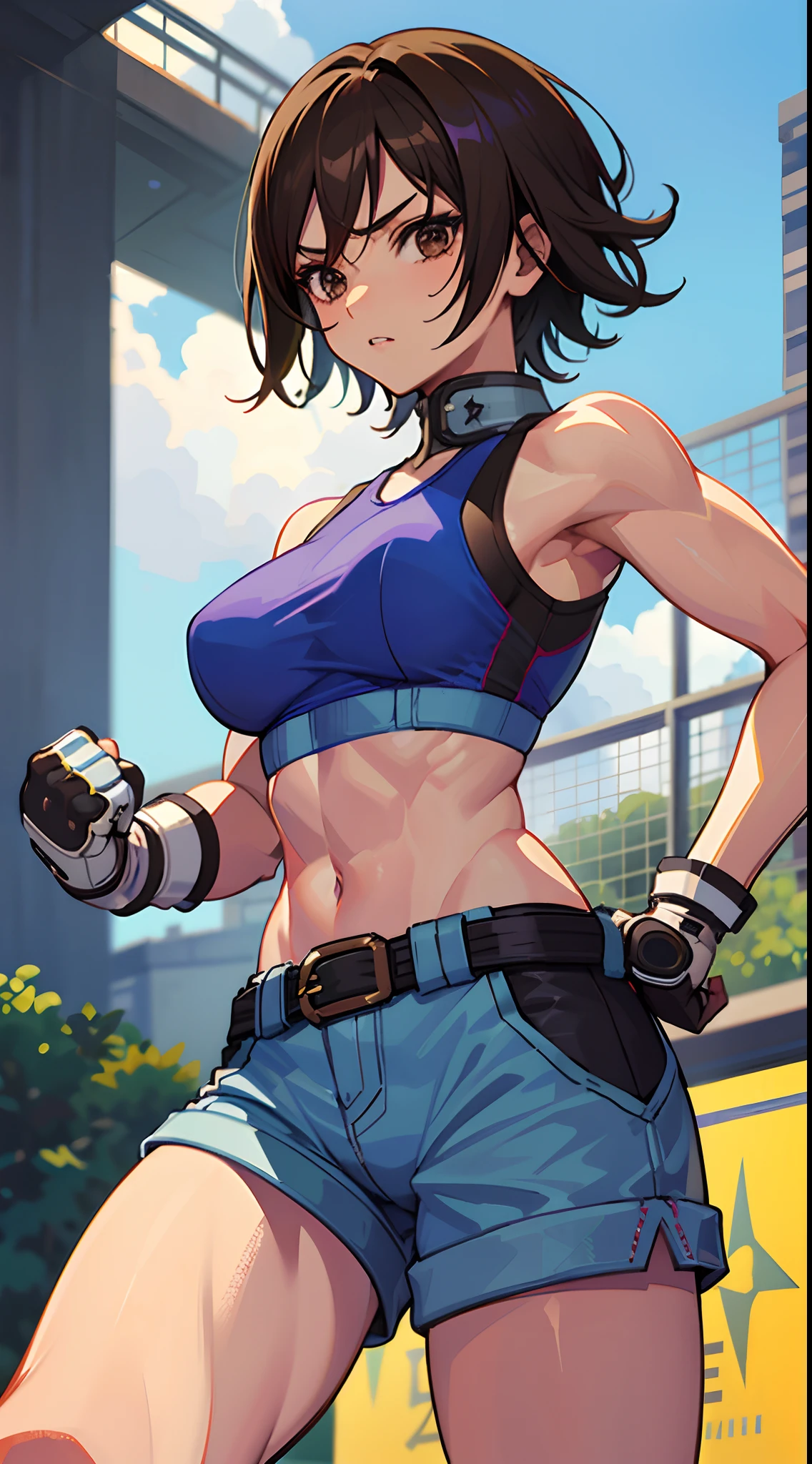 A woman in a blue top and shorts holding a gun - SeaArt AI