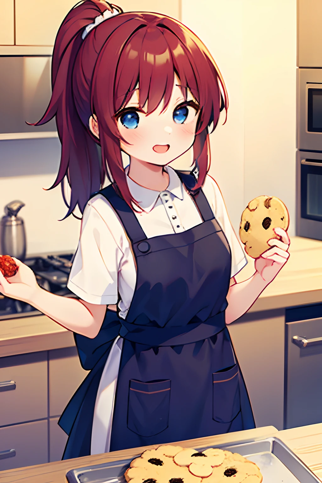 1girl, young girl, masterpiece, high quality, red hair, long hair, straight hair, ponytail, blue eyes, in the kitchen, with oven, (making a cookie), wearing a apron, (wearing a t-shirt), happy