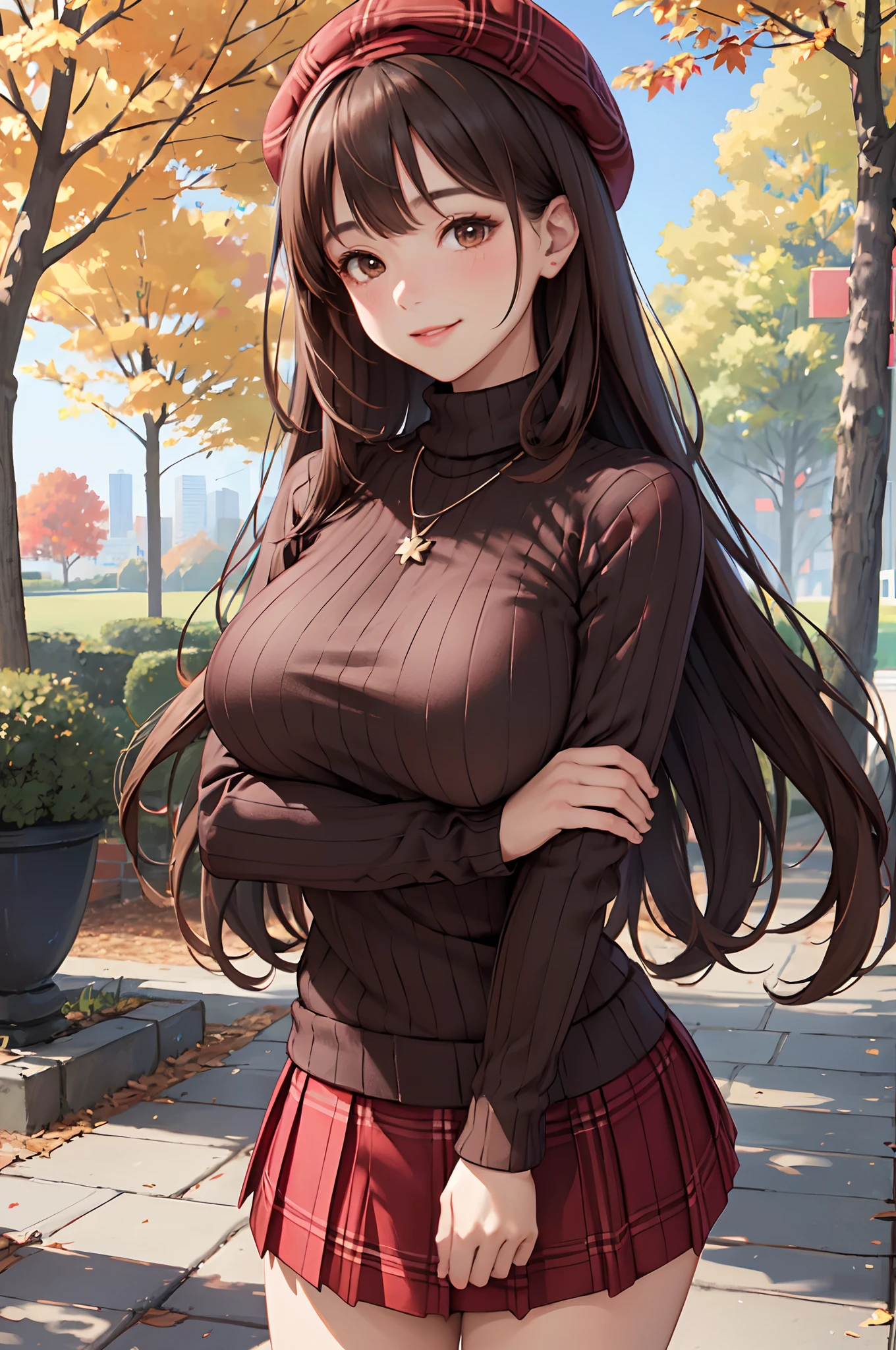 1lady standing, mature female, /(ribbed sweater/) /(red plaid skirt/) beret necklace, /(brown hair/) bangs, blush kind smile, (masterpiece best quality:1.2) delicate illustration ultra-detailed, large breasts, arms down BREAK /(pubric park outdoors/) bricks road, autumn foliage trees, detailed background