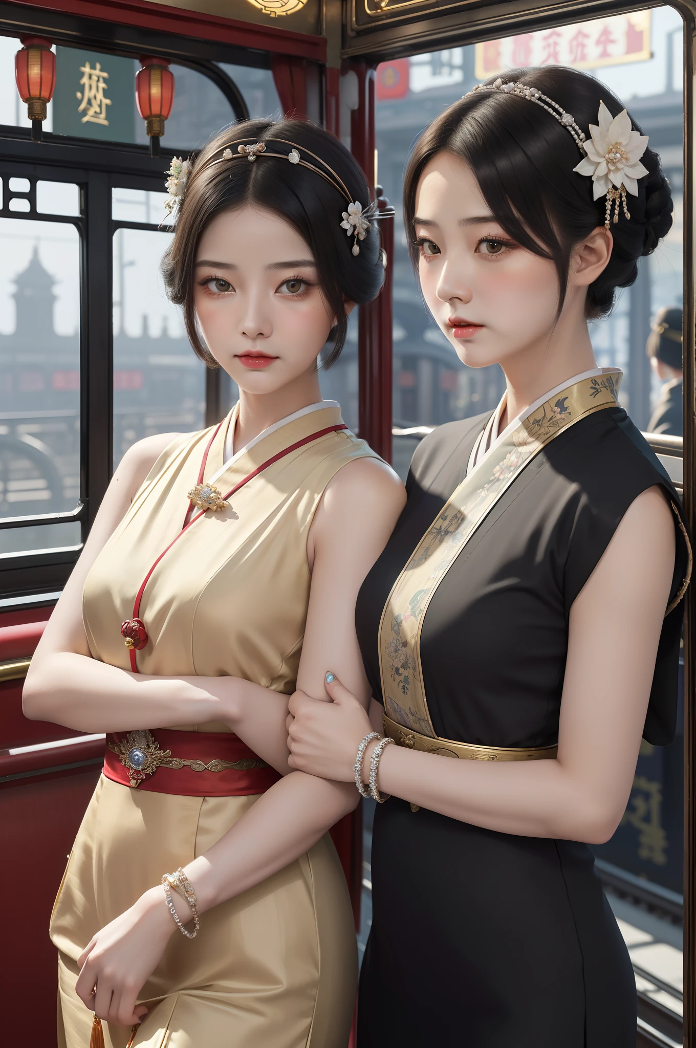 tmasterpiece,RAW photogr,hyper qualit, ultra - detailed,Perfect drawing,Two beautiful girls, Lovers, lesbians,(in the railway station 1920's Shanghai,retro train background:1.6),(Geisha hairstyle,Geisha hairstick:1.6,Geisha hair ornament,armlets, bangle:1.3),Dodge kisses,bauhaus, bulgari, official valentino editorial,half-open lips, Suck your lips firmly, Drooling, elegant, Brilliant, Beautiful, Blush (0.2), Gorgeous, Beautiful, Gorgeous, gentle, Starry sky, Milky Way, Summer triangle, Tanabata and bamboo ornaments, Precise drawings, a detailed drawing,