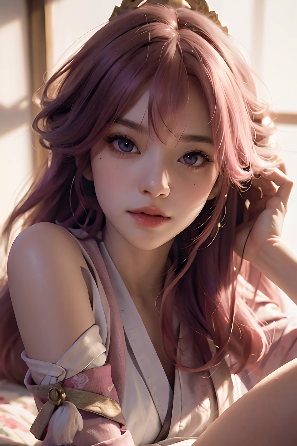 (RAW photo, best quality), (realistic, photo-realistic:1.3),pink hair,best quality,highly detailed,masterpiece,ultra-detailed,illustration,1girl,upper_body,dynamic angle,world masterpiece theater,messy_long_hair,best quality,extremely detailed CG unity 8k wallpaper,ink,Amazing,cinematic lighting,lens_flare, dunhuang_style,(((Masterpiece))), (portrait), 24 years old, kimono, blushing, purple hair, diffused light, dynamic shadows, sharp focus, realistic, detailed, highres, absurdres, white background, photorealistic, lifelike, sex, penetrate, vagina, pussy, crotch, naked, bare, clitoris, vulva, spread legs, thigh focus