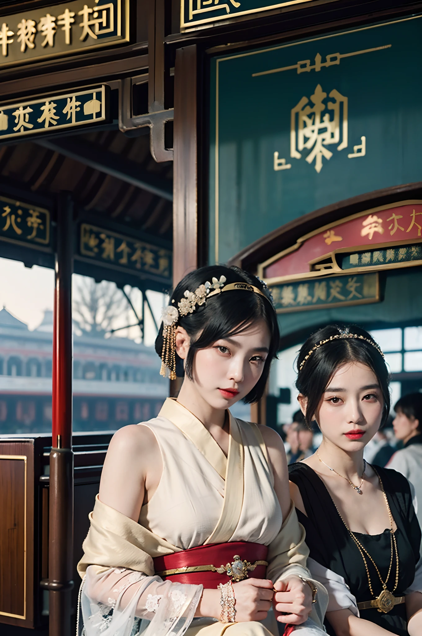 tmasterpiece,RAW photogr,hyper qualit, ultra - detailed,Perfect drawing,Two beautiful girls, Lovers, lesbians,(in the railway station 1920's Shanghai,retro train background:1.6),(Geisha hairstyle,Geisha hairstick:1.6,Geisha hair ornament,armlets, bangle:1.3),Dodge kisses,bauhaus, bulgari, official valentino editorial,half-open lips, Suck your lips firmly, Drooling, elegant, Brilliant, Beautiful, Blush (0.2), Gorgeous, Beautiful, Gorgeous, gentle, Starry sky, Milky Way, Summer triangle, Tanabata and bamboo ornaments, Precise drawings, a detailed drawing,