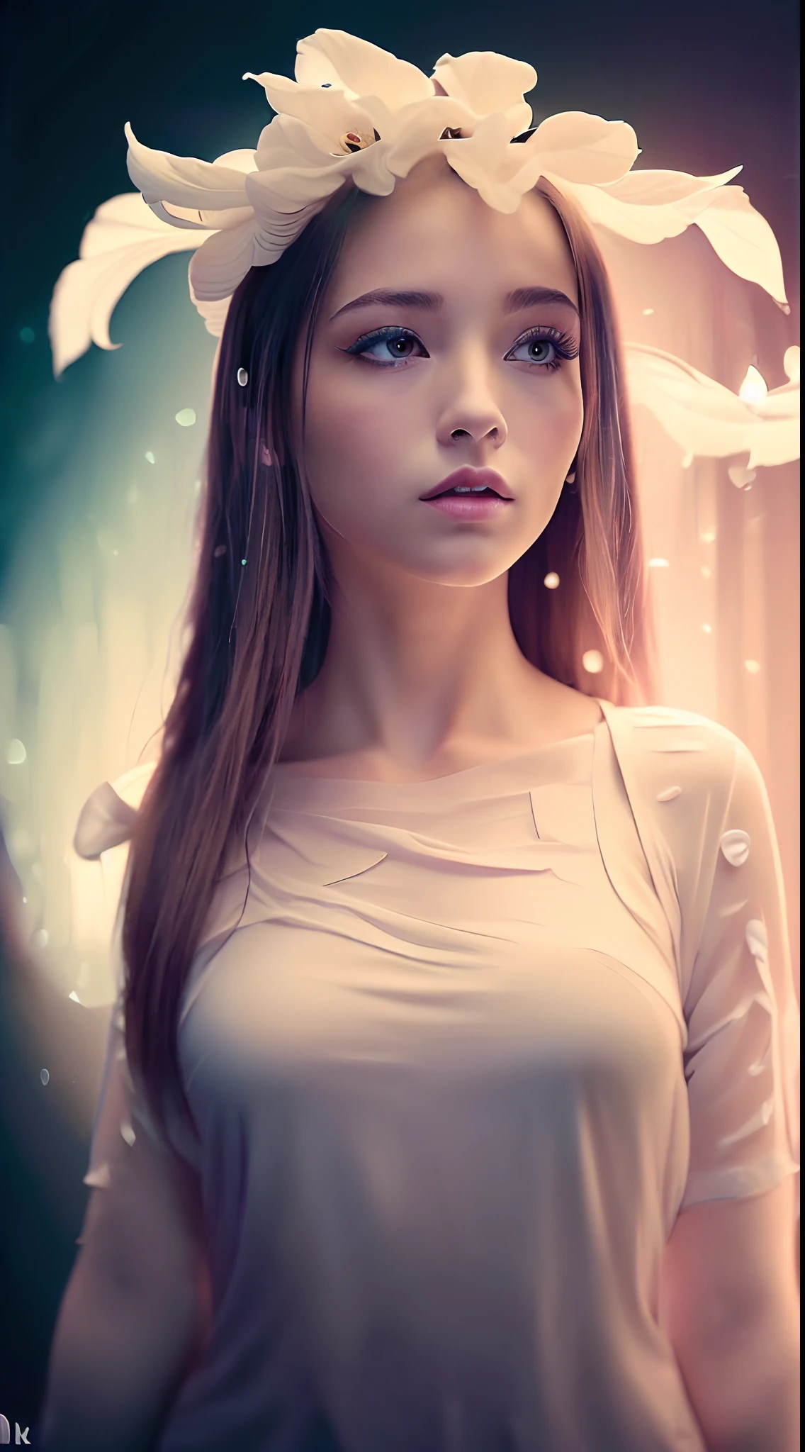 (Best quality,4K,8K,A high resolution,Masterpiece:1.2),Ultra-detailed,(Realistic,Photorealistic,photo-realistic:1.37),sportrait,Women,Long flowing hair,Off-white iris,vacant gaze,Plump pink lips,The ends of the hair have white flowers,Graceful figure,Medium shot,Black dress.Delicate long legs