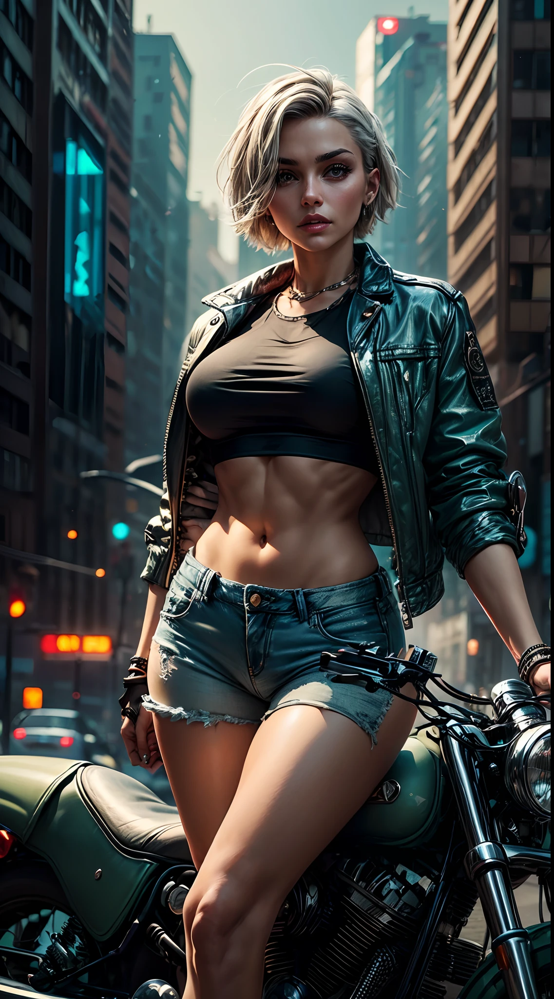 Tia is shown to have a fairly slender figure. She has white-grey hair , she has short hair and large pale green eyes, wearing an open jeans jacket and a tight, short t-shirt underneath above the navel, and very short pants, next to her is a modern, super motorcycle in the city of cyberpunk. Excellent quality, many realistic details.