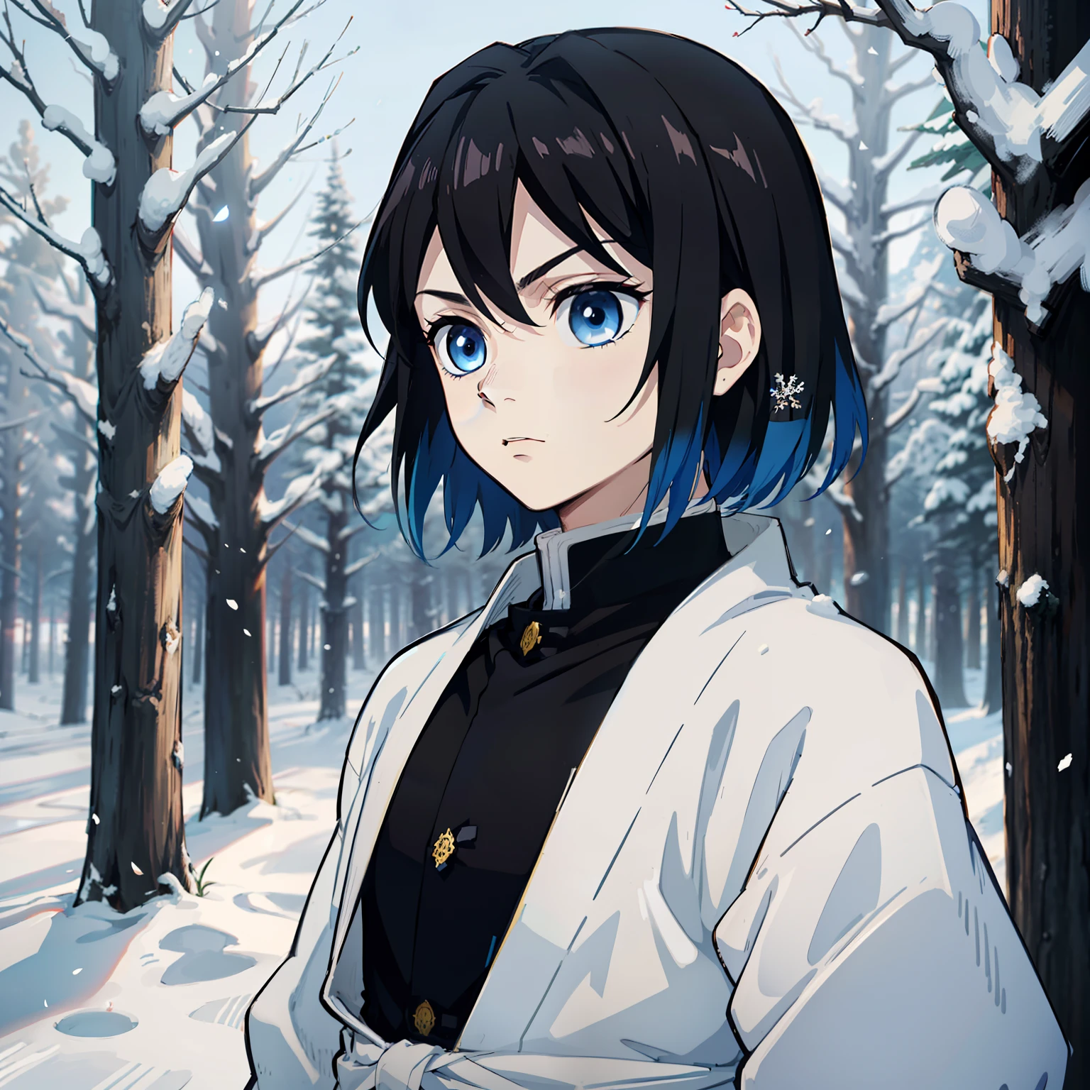 animesque, (Best Quality), ((1guy)) , The boy stands still (Young and young), (snowy forest with sunrise), (((Extremely short hair))), (((Black hair))), (((No bangs))), ((Cool blue eyes)), komono, Open Black Coat ((Black with snowflake pattern)), ((Hem of the waist)), The Art of Demon Slayer, demon slayer artstyle, Kimetsu no Yaiba, ((a closeup)), ((portrait of the))