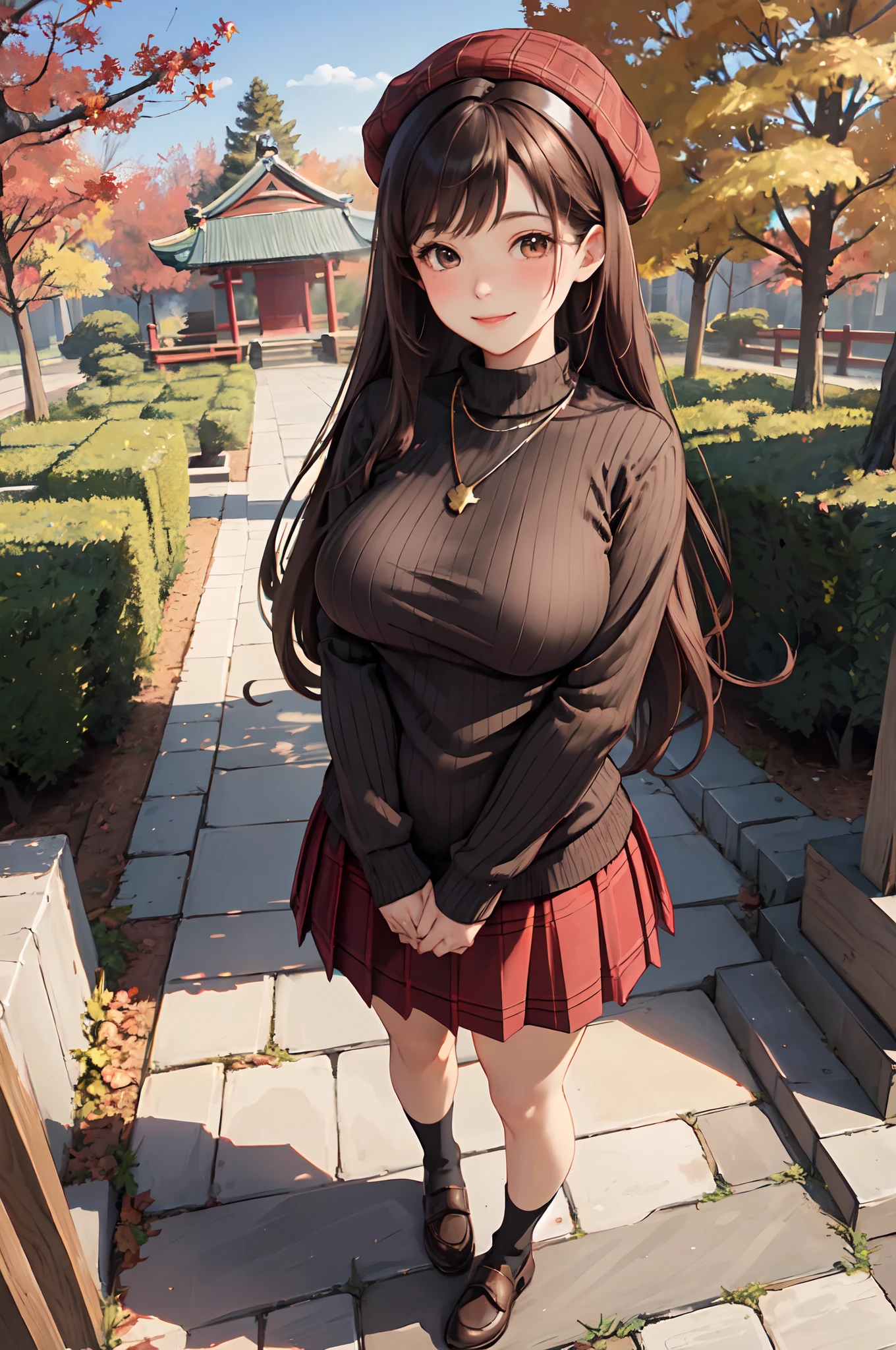 1lady standing, mature female, /(ribbed sweater/) /(red plaid skirt/) beret necklace, /(brown hair/) bangs, blush kind smile, (masterpiece best quality:1.2) delicate illustration ultra-detailed, large breasts, arms down BREAK /(pubric park outdoors/) bricks road, autumn foliage trees, japanese shrine, detailed background