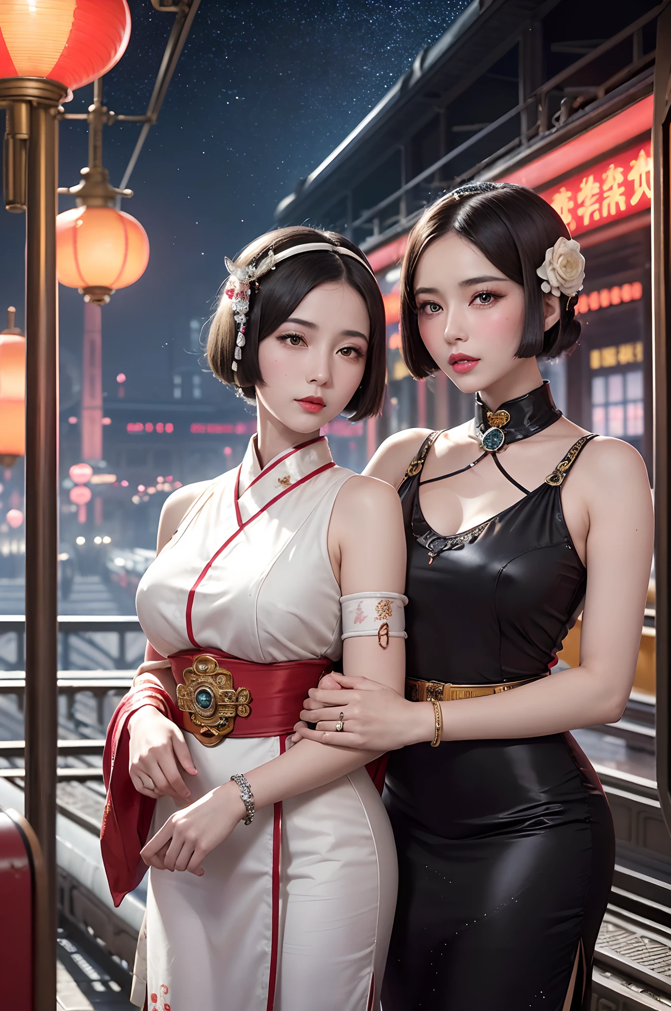 tmasterpiece,colorful atomsphere,RAW photogr,hyper qualit, (in the railway station 1920's Shanghai,retro train background:1.6),ultra - detailed,Perfect drawing,Two beautiful girls, Lovers, lesbians,(Geisha hairstyle,giant Geisha hairstick:1.6,Geisha hair ornament,armlets, bangle:1.3),Dodge kisses,bauhaus, bulgari, official valentino editorial,half-open lips, Suck your lips firmly, Drooling, elegant, Brilliant, Beautiful, Blush (0.2), Gorgeous, Beautiful, Gorgeous, gentle, Starry sky, Milky Way, Summer triangle, Tanabata and bamboo ornaments, Precise drawings, a detailed drawing,