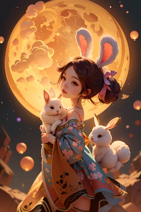 Cartoon girl with rabbit and rabbit before full moon, lovely digital painting, Cute detailed digital art, A beautiful artwork il...