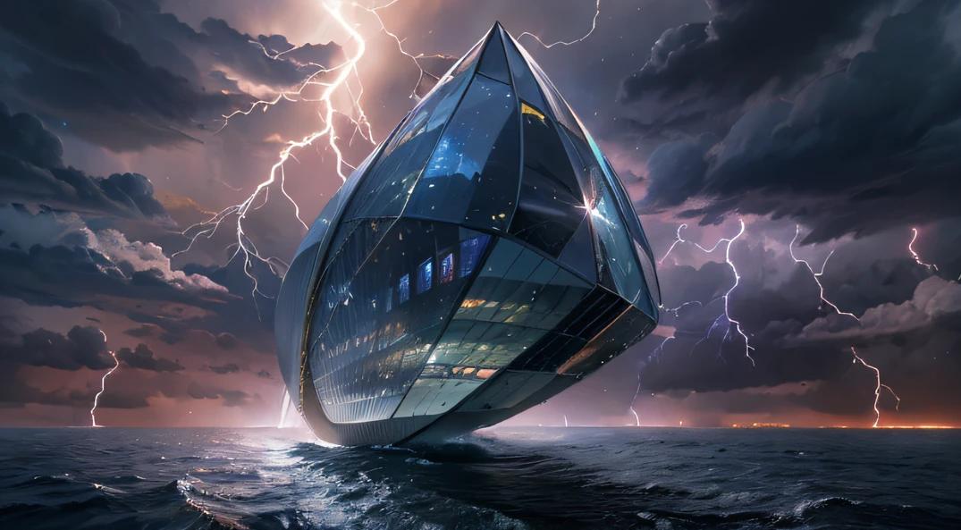 巨大な涙型の水晶の宇宙楕円船，，スカイスカイ，暗い嵐の雲，空は稲妻でいっぱい， 雷雨になるでしょう，
