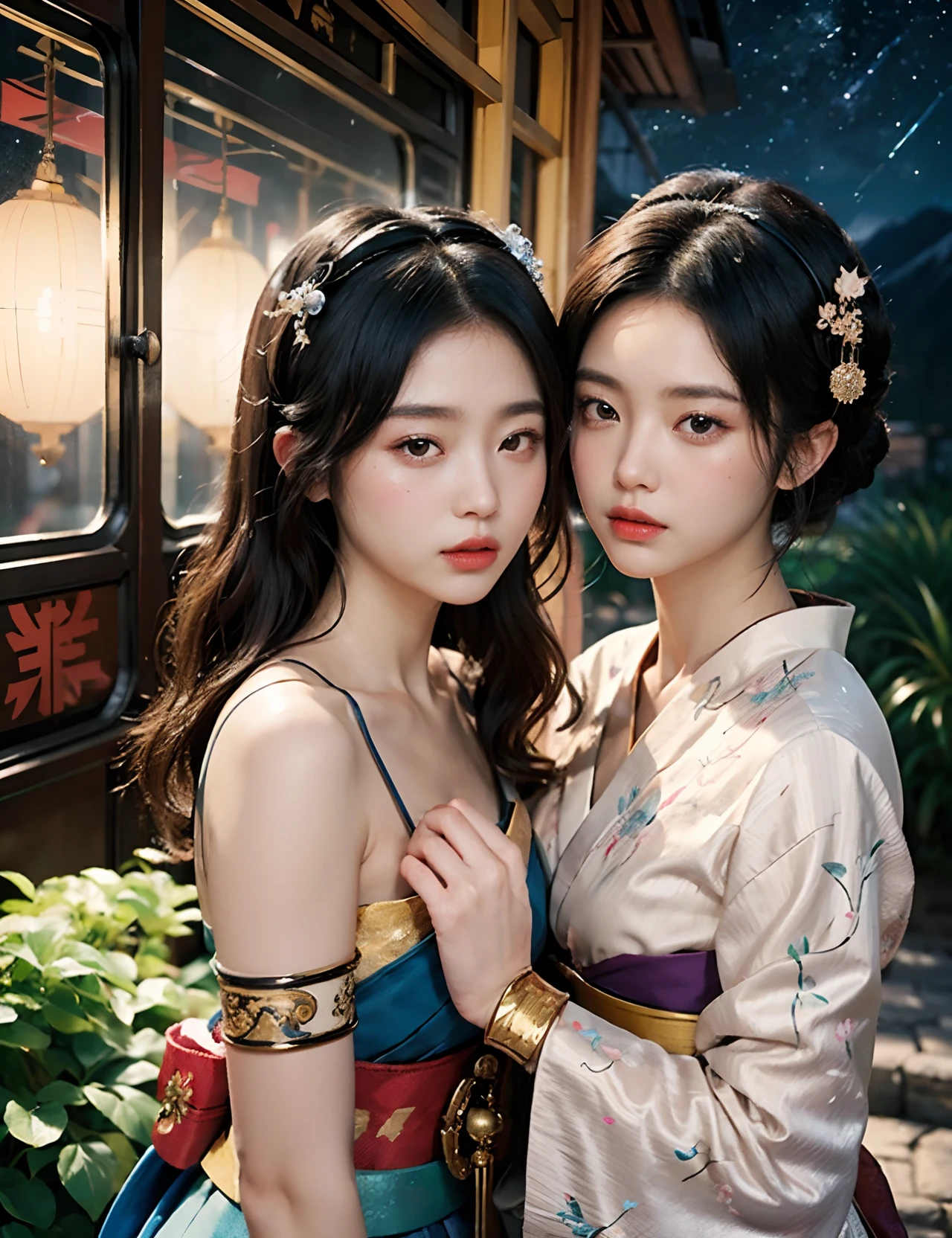 tmasterpiece,(Vintage train background:1.4),RAW photogr,hyper qualit, ultra - detailed,Perfect drawing,(Two beautiful girls, Lovers, Lesbians),(geisha hairstyle,Giant geisha hairband:1.6,Geisha hair ornaments,armlets, bangle:1.3),Dodge kisses,bauhause, bulgari, official valentino editorial,half-open lips, Suck your lips firmly, Drooling, elegant, Brilliant, Beautiful, Blush (0.2), Gorgeous, Beautiful, Gorgeous, gentle, Starry sky, Milky Way, Summer triangle, Tanabata and bamboo ornaments, Precise drawings, a detailed drawing,