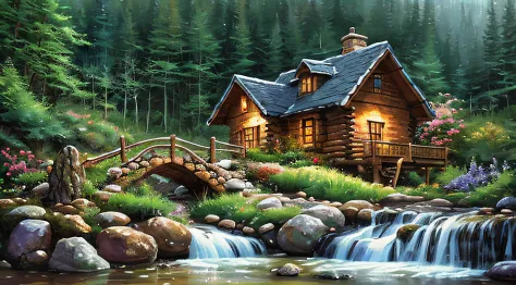 painting of a cabin in a mountain stream with a waterfall, children play around cabin,  4 k oil painting, beautiful oil matte pa...