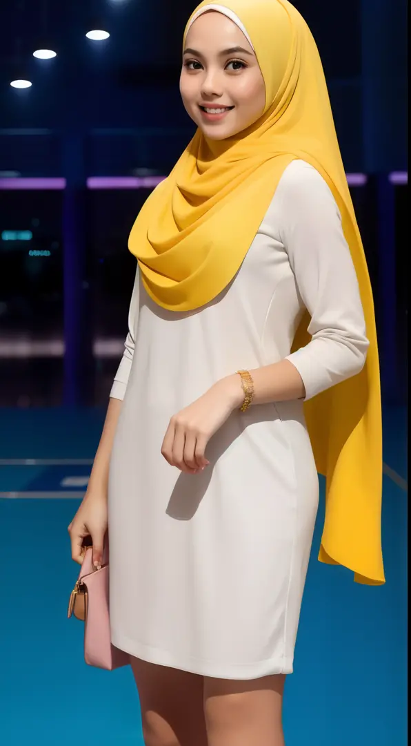 Malay girl in hijab, wear pastel yellow short dress, going to dinner, smiling, very long white hijab, wear necklace, front view, hijab blown, windy, detail skin, age spot, detail skin texture, mole below eyes, small breast, flat chest, wide hips, small wai...