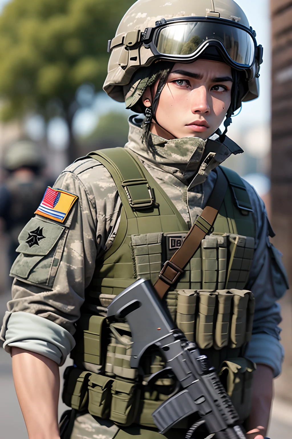 These soldiers are wearing uniform military attire, which reflects orderliness and discipline. They are also equipped with gear such as helmets, vests, and adequate weaponry.