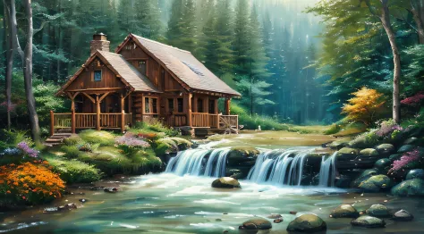 painting of a cabin in a mountain stream with a waterfall, children play around cabin,  4 k oil painting, beautiful oil matte pa...