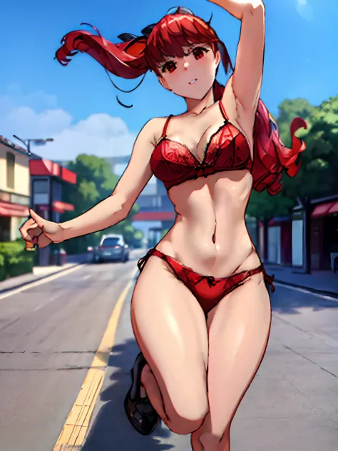 Opening legs、Red-haired、Ponytail、White lingerie、spread legswide、Street、