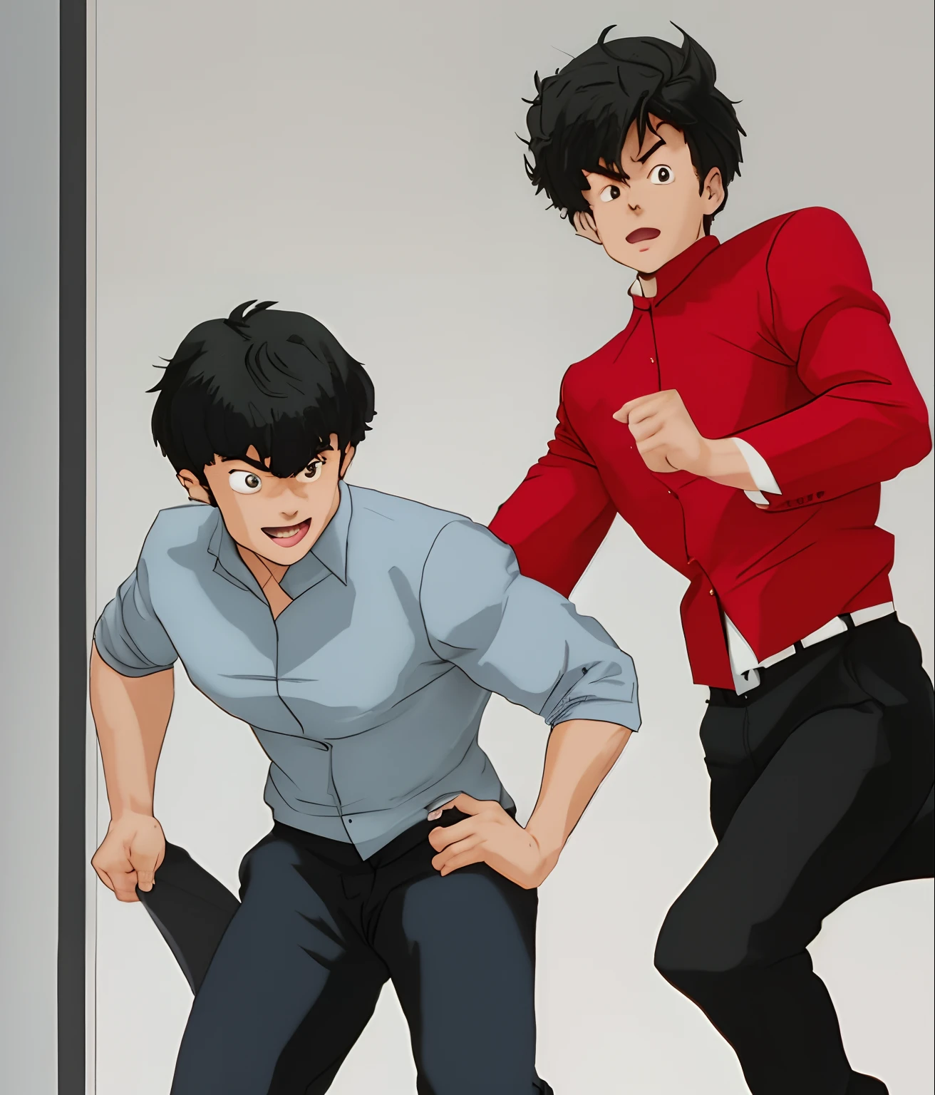 Personajes de anime con camisa roja y pantalones negros posan para una foto  - SeaArt AI