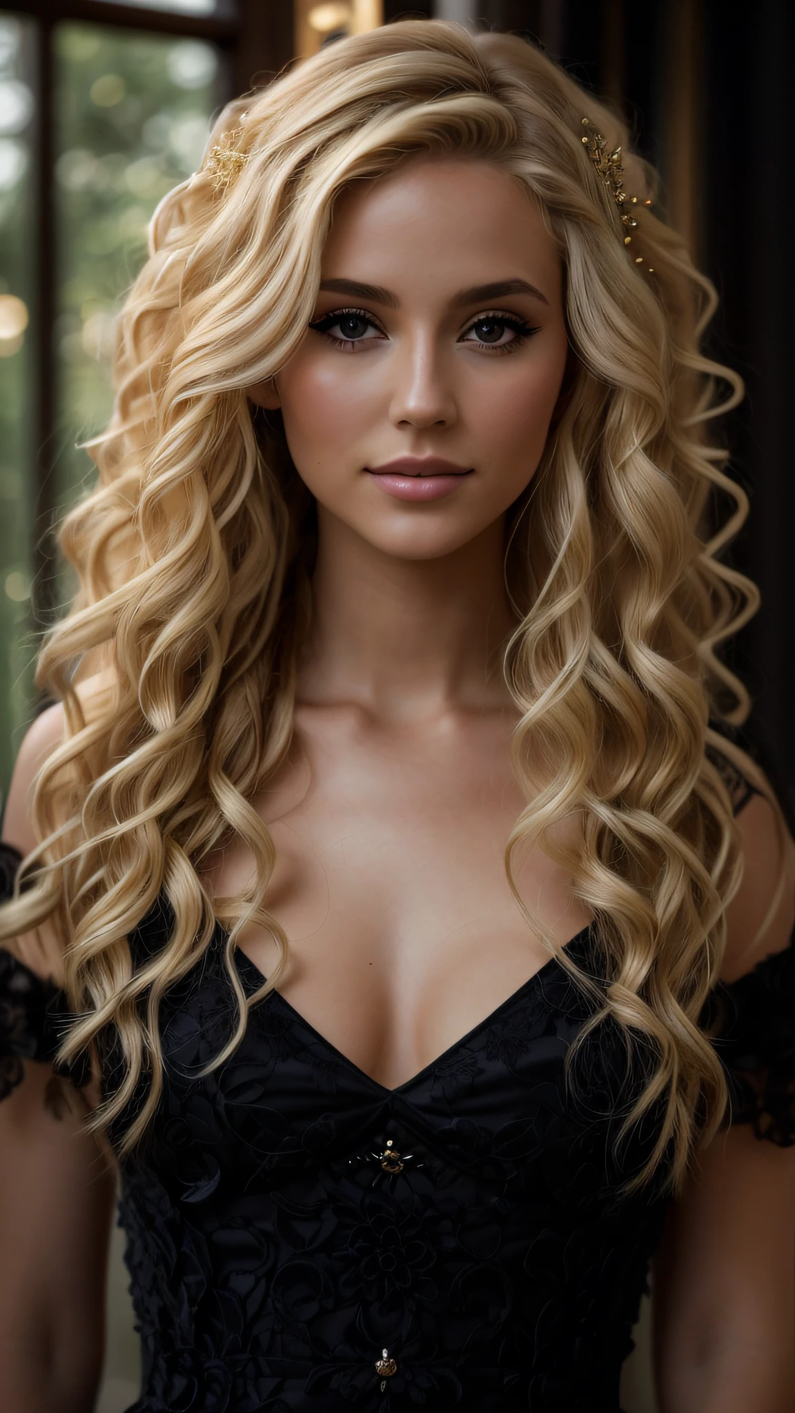 a close up of a woman with long blonde hair wearing a black dress ...