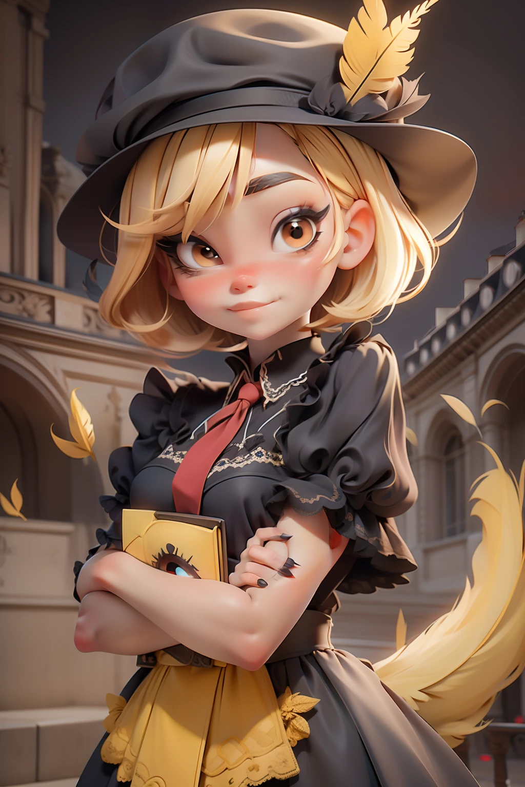 girl with short yellow blond hair, black long dress(paris style), red hat with feathers, red necktie, cute pretty face with wide eye, france background