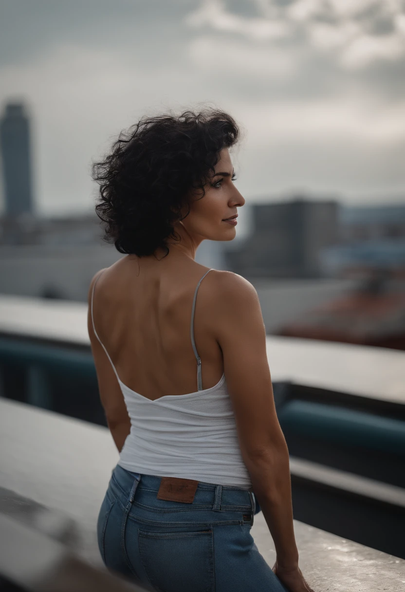 Arafed woman in white tank top and jeans sitting on a ledge - SeaArt AI