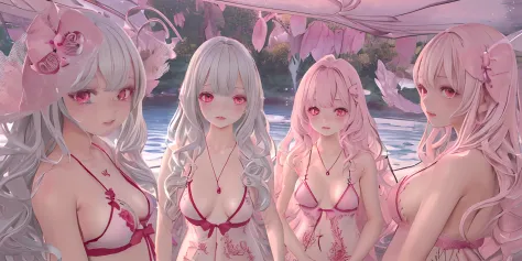 ((Best quality)), ((Masterpiece)), ((Ultra-detailed)), (illustration), (Detailed light), (An extremely delicate and beautiful),A charming young girl,Four people,Three View,Long white hair and red pupils,Pink swimsuit
