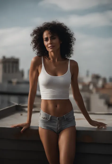 Arafed woman in white tank top and denim shorts posing for a picture -  SeaArt AI