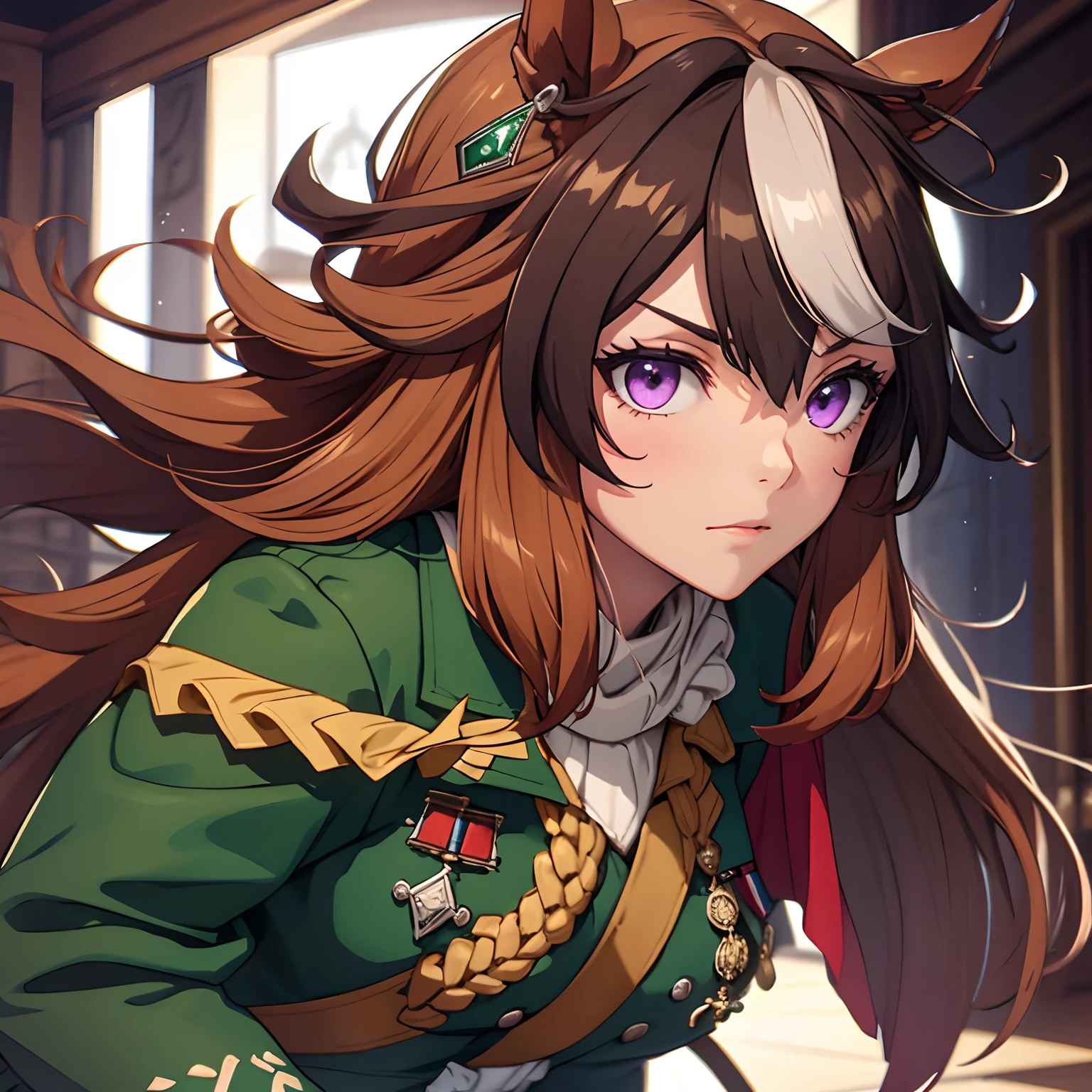 ​masterpiece,top-quality,a closeup,Face Shots,(symboli rudolf) _(Umamusume), 1girl in,Animal ears ,Horse ears , Horse Girl ,Horse tail,masutepiece, Best Quality,Brown hair, Long hair, Purple eyes, green coat,Green Military Jacket, Green skirt, {{Black Bang Color}},epaulette, red cape,Decoration code, knee sox,18year old