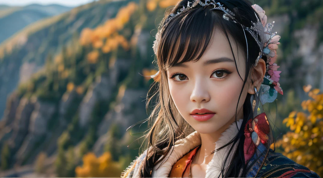 32K（tmasterpiece，k hd，hyper HD，32K）Long flowing black hair，Yellowstone，Love Girl ，Flame protector（realisticlying：1.4），Python pattern robe，Purple-pink tiara，The leaves flutter，The canyon background is pure，Hold your head high，Be proud，The nostrils look at people， A high resolution， the detail，autumnal， RAW photogr， Sharp Re， Nikon D850 Film Stock Photo by Jefferies Lee 4 Kodak Portra 400 Camera F1.6 shots, Rich colors, ultra-realistic vivid textures, Dramatic lighting, Unreal Engine Art Station Trend, cinestir 800，Hold your head high，Be proud，The nostrils look at people