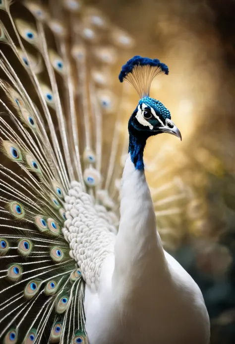best quality, a stunning artwork of a beautiful white peacock, intricately detailed, (best shadow), elegant, volumetric lighting