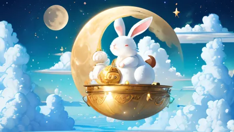 the huge moon，Big and round，Hang in the sky，There is a magnificent palace in the clouds，splendid，Around the clouds，Many little bunnies，A big rabbit，Holding mooncakes，Jump high，fantasy，k hd，4K，