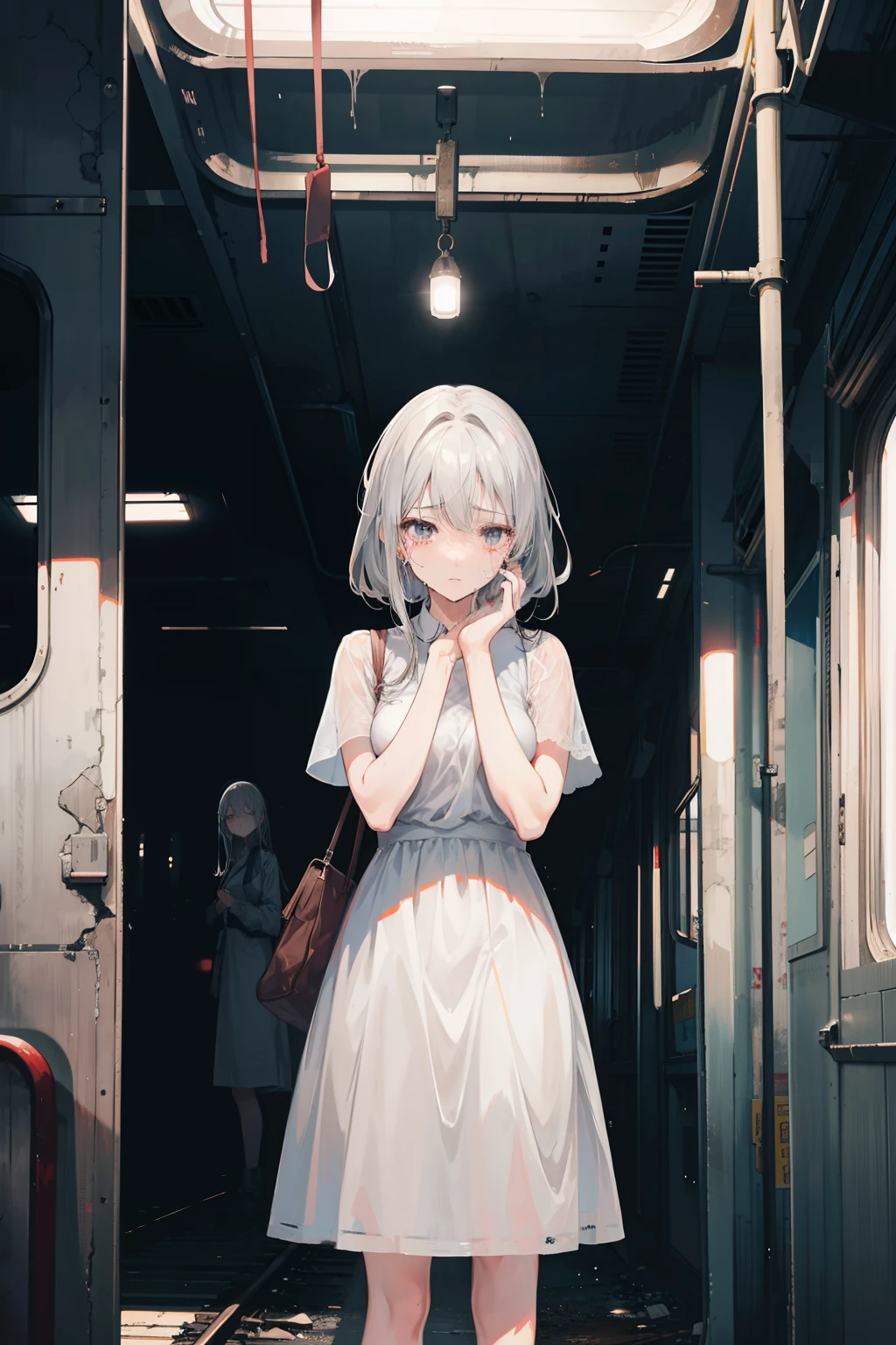 Anime girl in a short dress standing in a train car - SeaArt AI