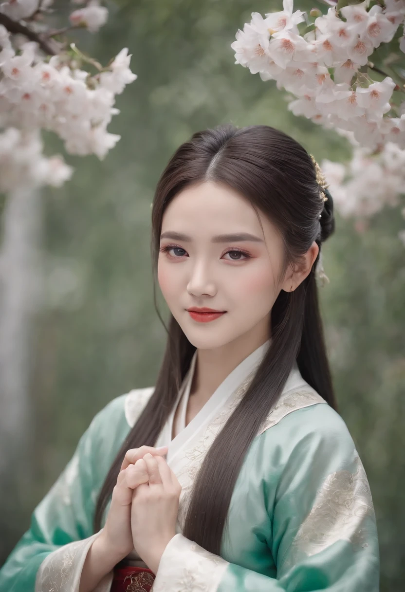 (Masterpiece) 8K resolution, Queen of Hanfu, Beautiful blooming flowers, Green straight hair, browneyes, Gray-gray eyes, Smile, Fantasy style,