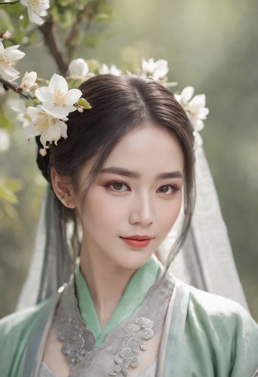 (Masterpiece) 8K resolution, Queen of Hanfu, Beautiful blooming flowers, Green straight hair, browneyes, Gray-gray eyes, Smile, Fantasy style,