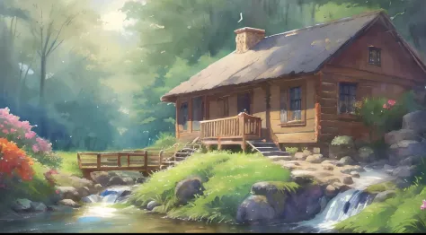 painting of a cabin in a mountain stream with a waterfall, children play around cabin, ((a boat in water )), 4 k watercolor pain...