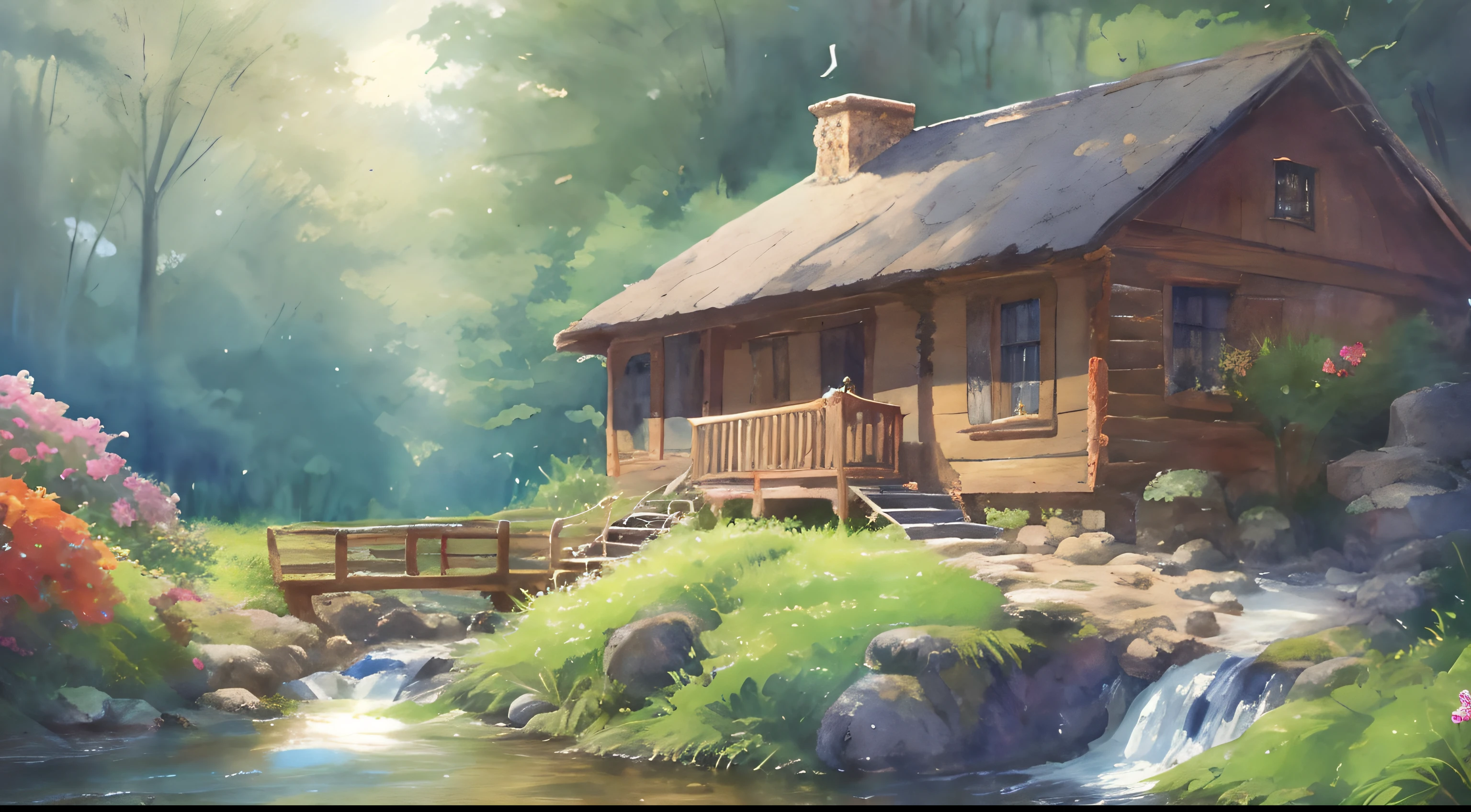 painting of a cabin in a mountain stream with a waterfall, children play around cabin, ((a boat in water )), 4 k watercolor painting, beautiful painting, 4 k, cottage in the forest, beautiful watercolor painting on paper, beautiful digital painting, smooth oil painting, beautiful art uhd 4 k, 8 k hd detailed oil painting, oil digital painting, Inspired by Thomas Kinkade.