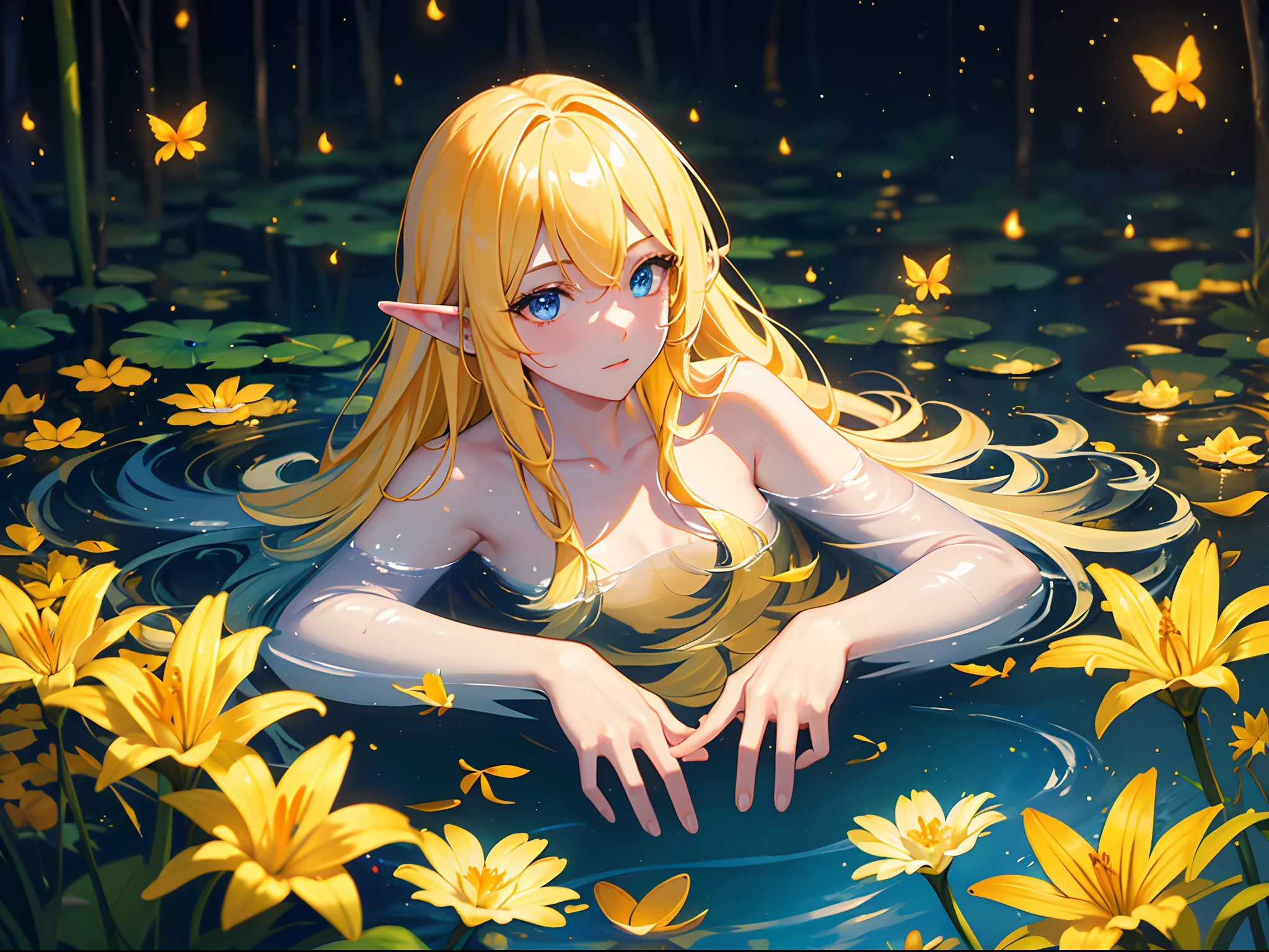 Anime girl in a pond of flowers - SeaArt AI