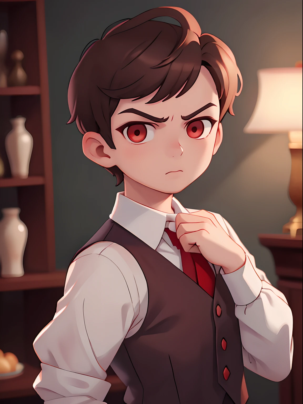 masterpiece,  1boy,  young,  handsome,  brunette short hair,  perfect face,  detailed eyes and face,  red eyes, serious expression, vest,  clean shaved,  capturing an elegant atmosphere,  dynamic lighting