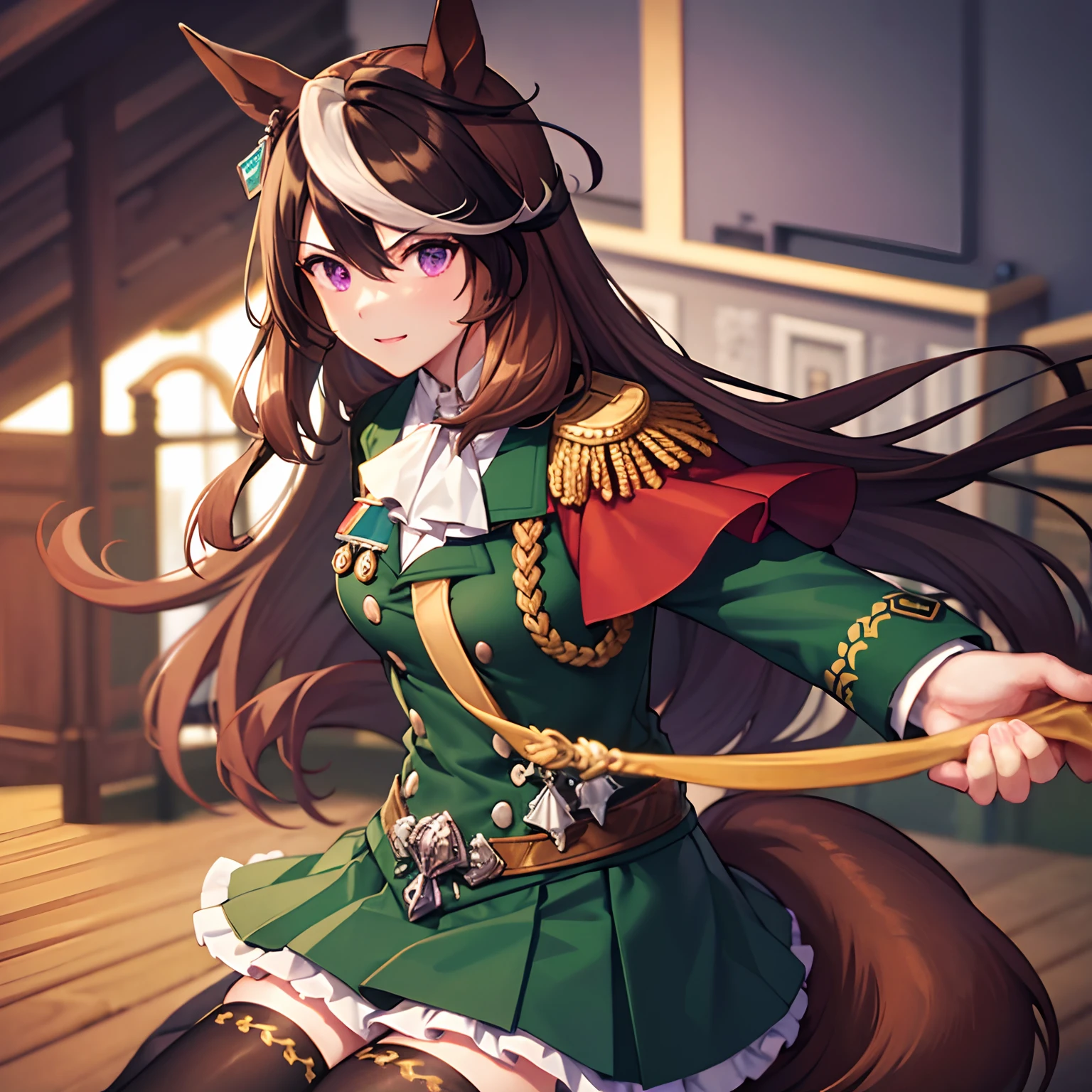 ​masterpiece,top-quality,a closeup,Face Shots,(symboli rudolf) _(Umamusume), 1girl in,Animal ears ,Horse ears , Horse Girl ,Horse tail,masutepiece, Best Quality,Brown hair, Long hair, Purple eyes, green coat,Green Military Jacket, Green skirt, {{Black Bang Color}},epaulette, red cape,Decoration code, knee sox,18year old