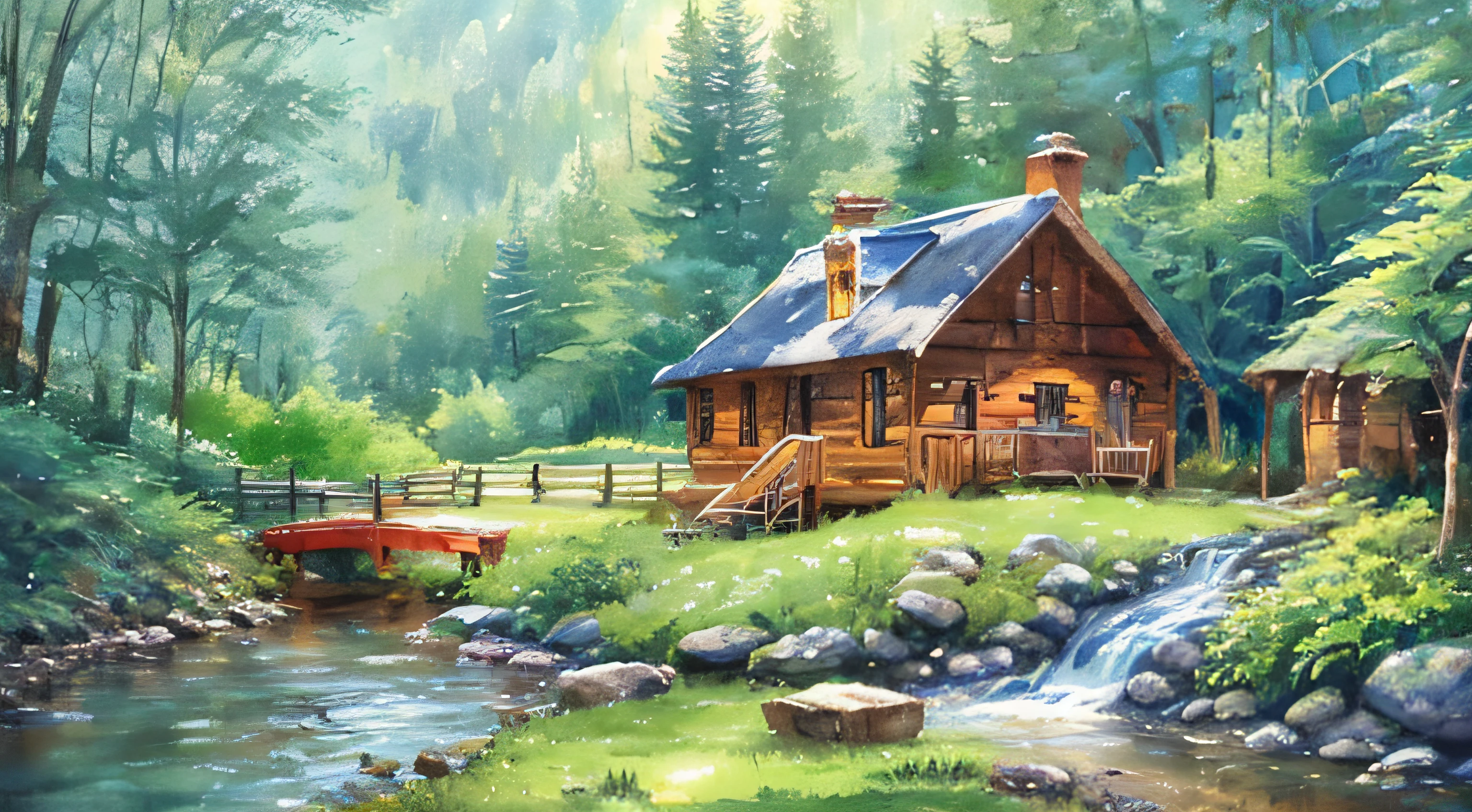 painting of a cabin in a mountain stream with a waterfall, children play around cabin, ((a boat in water )), 4 k watercolor painting, beautiful painting, 4 k, cottage in the forest, beautiful watercolor painting on paper, beautiful digital painting, smooth oil painting, beautiful art uhd 4 k, 8 k hd detailed oil painting, oil digital painting, Inspired by Thomas Kinkade.