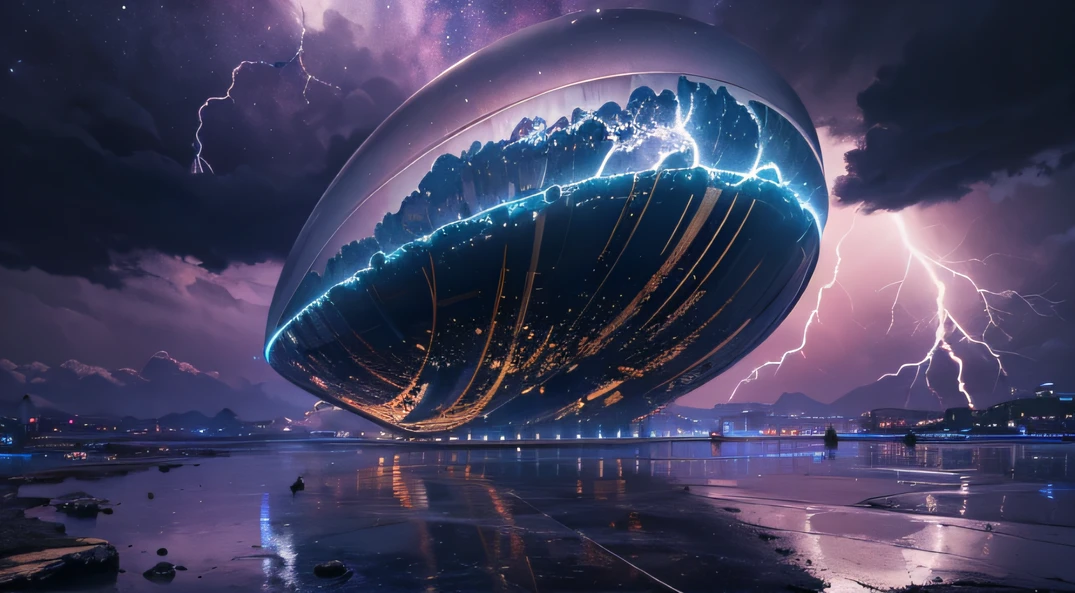 Giant teardrop-shaped crystal cosmic elliptical ship，，Skysky，dark stormy clouds，Sky full of lightning， It will be a thunderstorm，