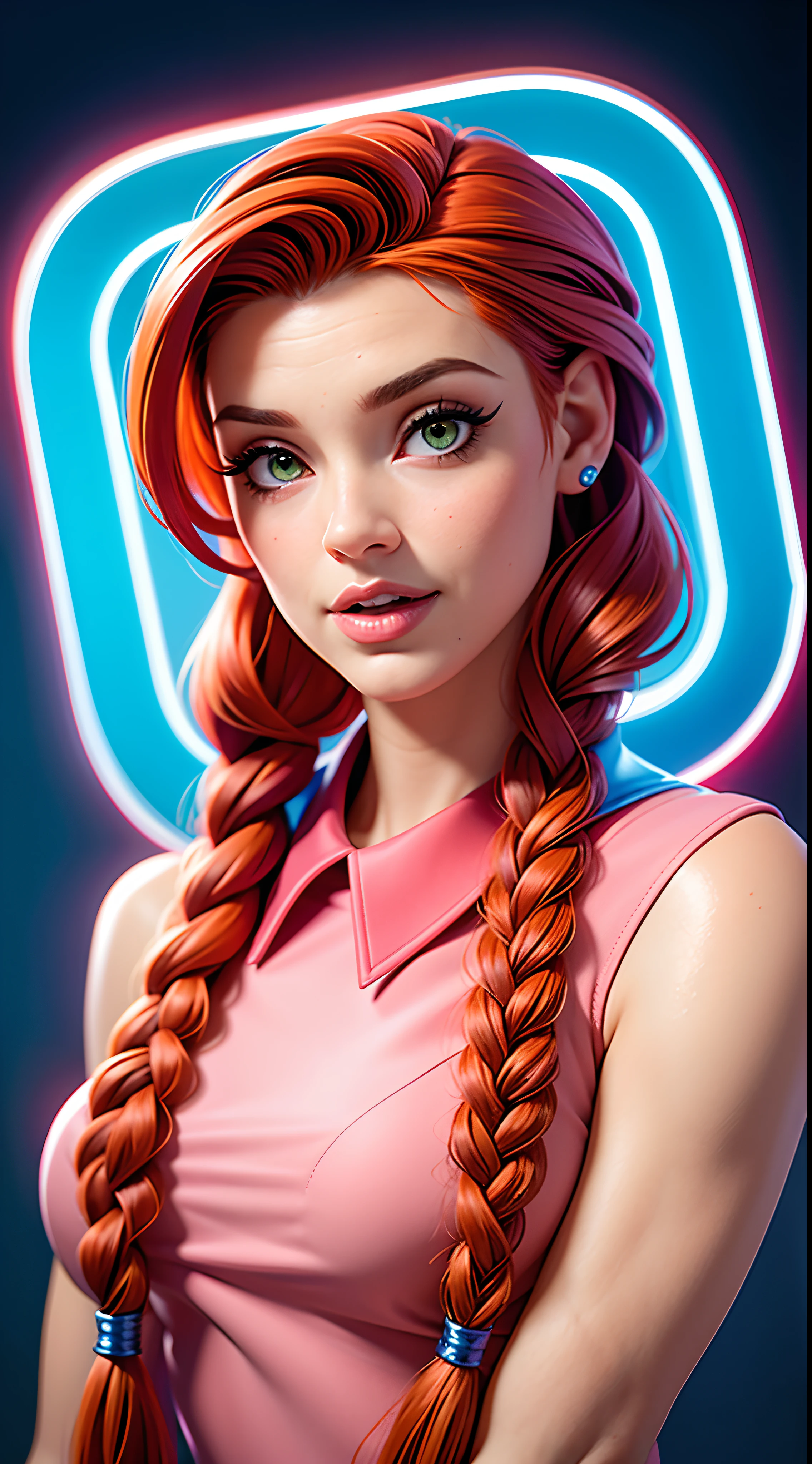 arafed woman with red hair and a purple neon light, hyperrealistic schoolgirl, uma hyperrealistic schoolgirl, red braided hair, Complex red braided hair, she has red hair, red glowing hair, plaits, red hair girl, Hairstyle Braids, inspired by Daphne Fedarb,  red haired, red head, pigtail, sadie sink