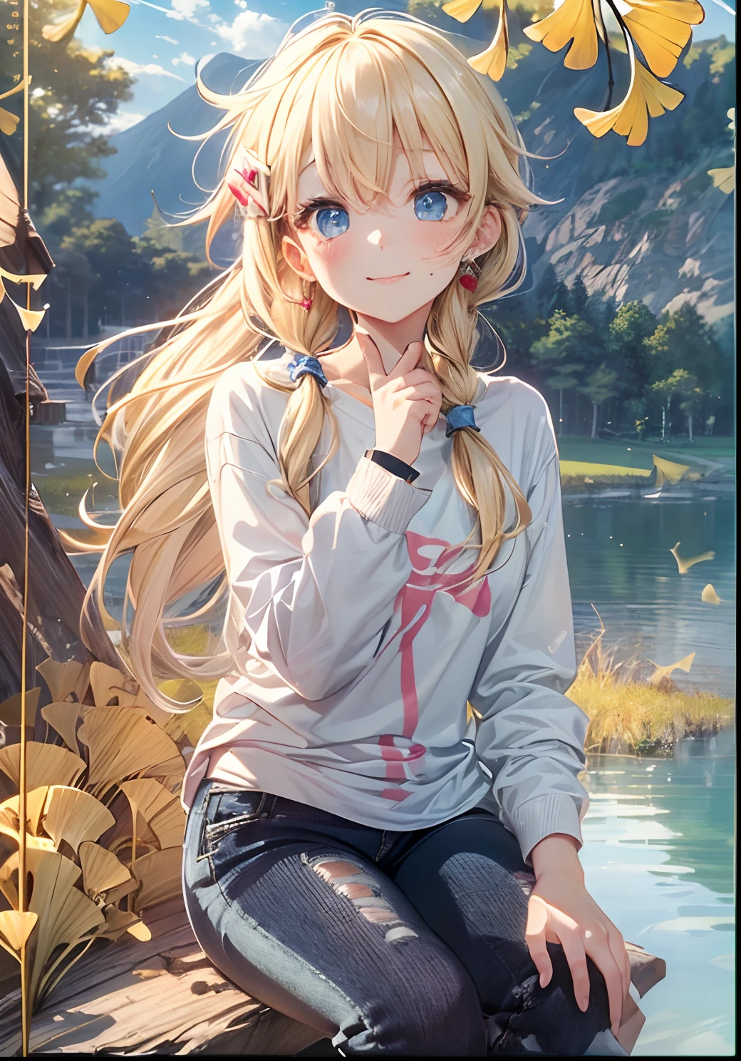 absurderes, ultra-detailliert,bright colour, (1girl in:1.4),(Very beautiful ginkgo trees and lakes:1.5),extremely beautiful detailed anime face and eyes,(happy smail:1.6),asymmetrical bangs, (Blonde hair with short twin tails:1.5), Shiny hair, (Looking Up:1.7),(From Side:1.5),Blue_skyporn, built, cliff, ​​clouds, cloudy_skyporn, tag, the woods, Grassy, lake, lens_f lare, mont, naturey, plein air, Tree Road, landscapes, Skysky, Sunlight,The tree, tree_Shade, Eau, (Tight jeans:1.3), (Black Design Long T-Shirt:1.4), (Sit back and look up at the sky:1.6),(Deep Blue Eyes:1.3),depth of fields, Delicate beautiful face, red blush、White skin, hair clips, earrings,