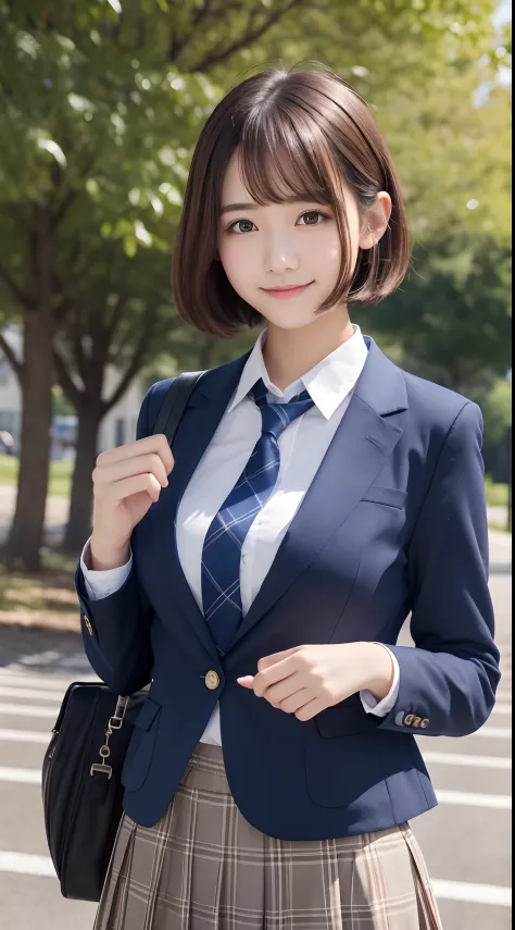 a beauty girl、Brown hair、Shorthair、High school students、student clothes、Dark blue blazer、White shirt under blazer、Colossal tits、Plaid gray skirt、Shade of trees in the schoolyard、ssmile、Wave your right hand、Holding the lunch box with your left hand