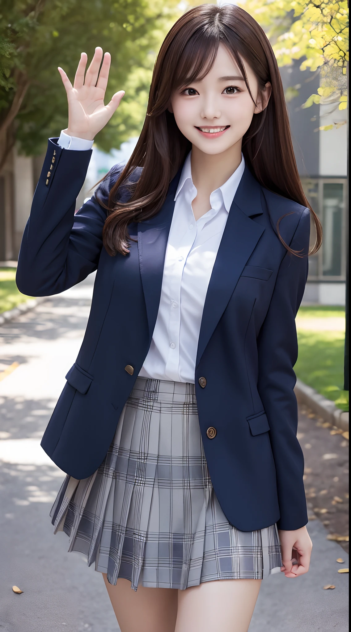 A close up of a woman in a skirt and jacket waving - SeaArt AI