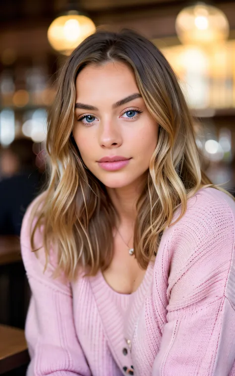 beautiful blonde wearing pink sweater (sipping wine inside a modern pub at sunset), very detailed, 21 years old, innocent face, natural wavy hair, blue eyes, high resolution, masterpiece, best quality, intricate details, highly detailed, sharp focus, detai...