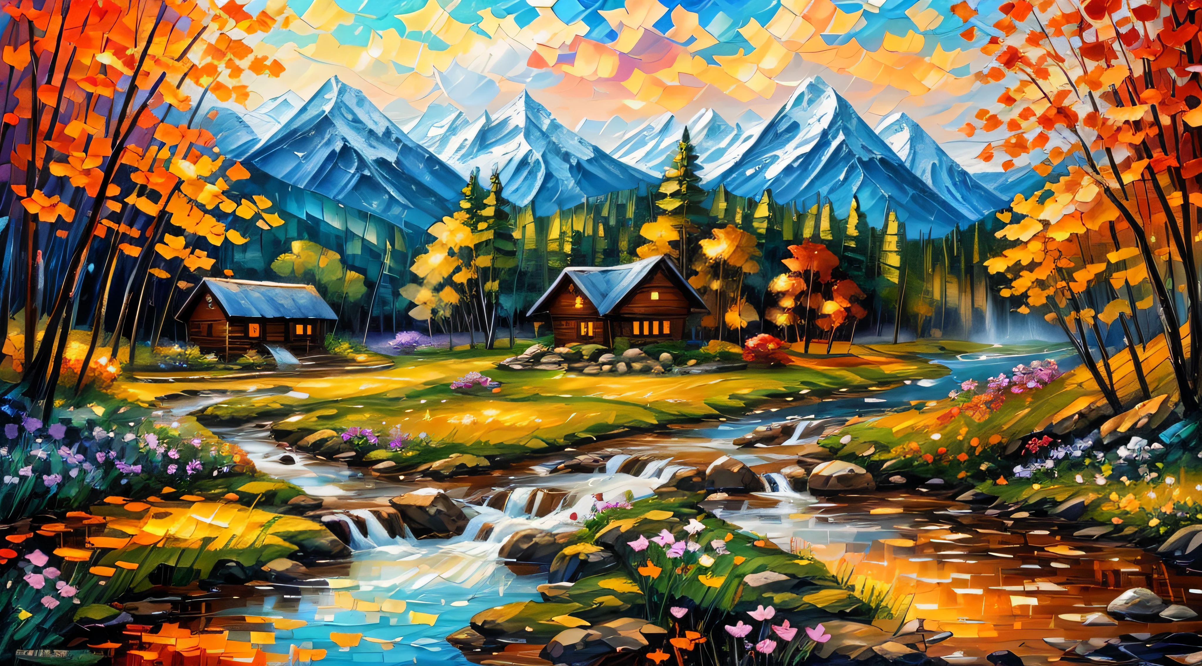 Painting of a cabin in a mountain stream with a waterfall, flowers are blooming beside the fence, , 4 k watercolor painting, beautiful painting, 4 k, cottage in the forest, beautiful oil painting on canvas, detailed brush stroke,  beautiful digital painting, smooth oil painting, beautiful art uhd 4 k, 8 k hd detailed oil painting, oil digital painting, Beautiful Landscape Art On Canvas By Leonid Afremov