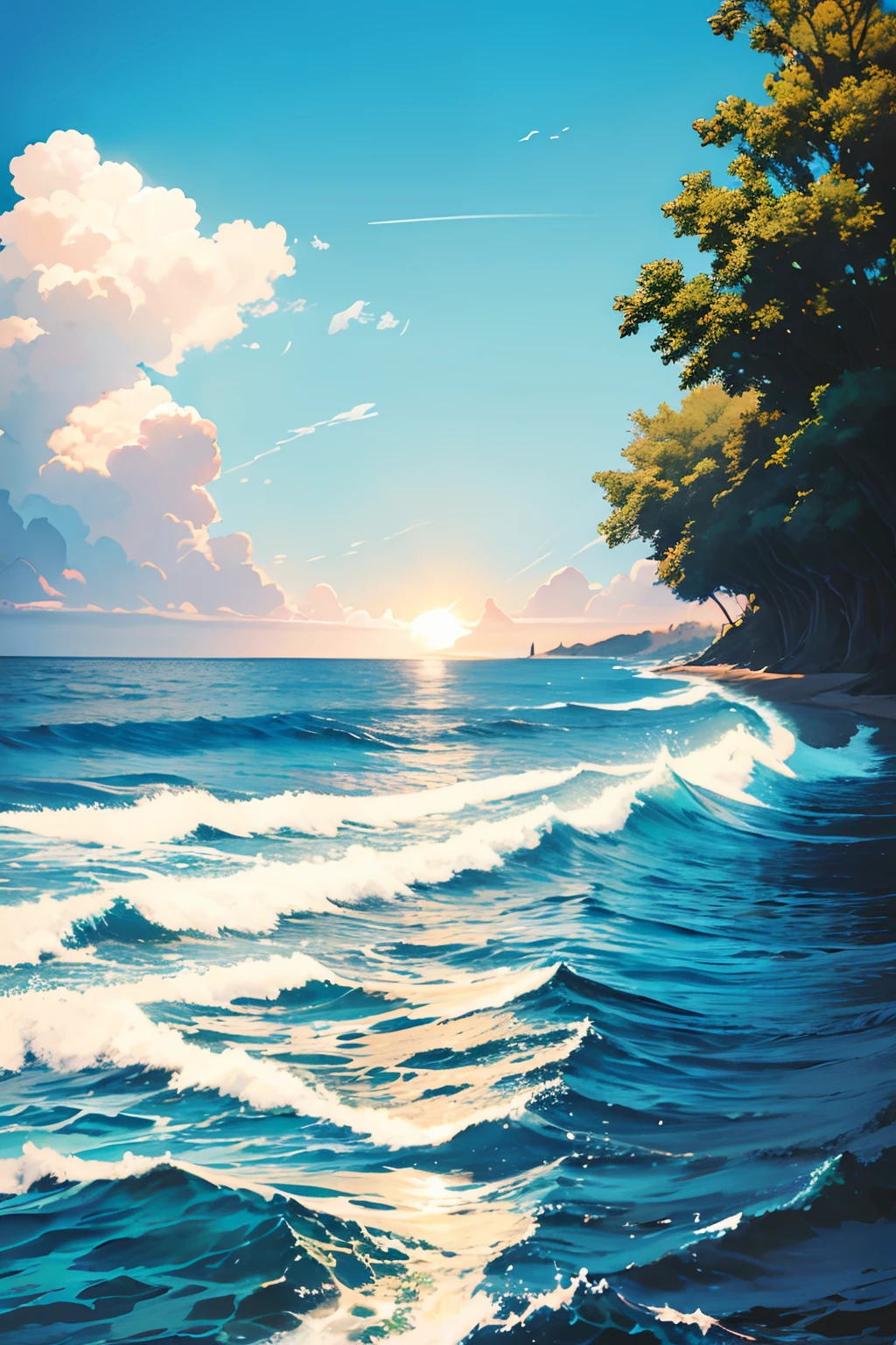 Painting of a sunset over the ocean with waves and trees - SeaArt AI