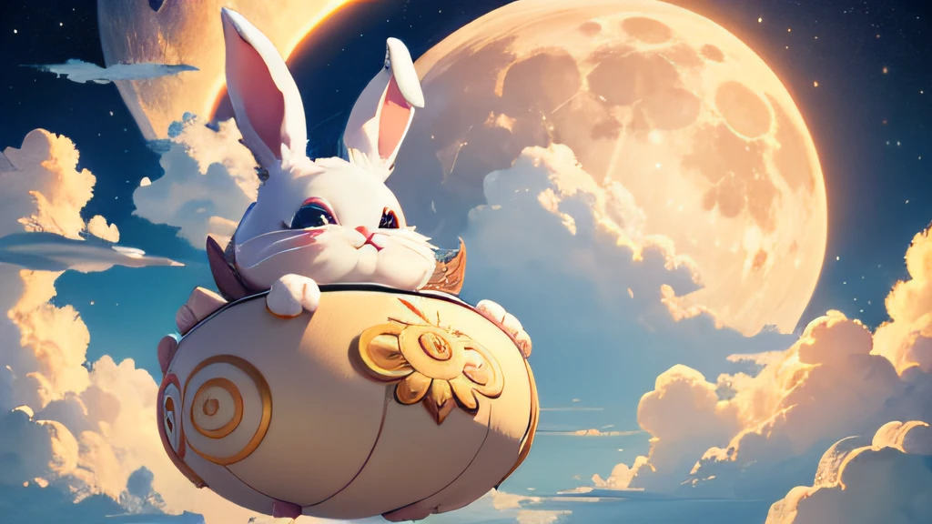 the huge moon，Big and round，Hang in the sky，There is a magnificent palace in the clouds，splendid，Around the cloudany little bunnies，A big rabbit，Holding mooncakes，Jump high，fantasy，k hd，4K，
