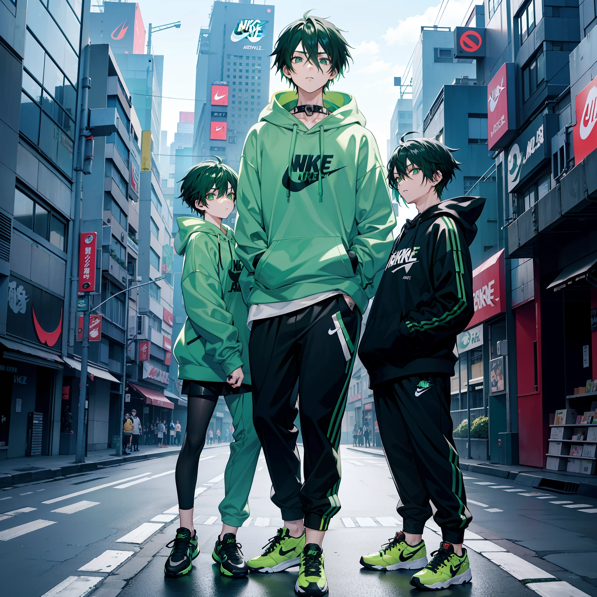 Anime characters in green hoodies and black pants standing on a city street  - SeaArt AI