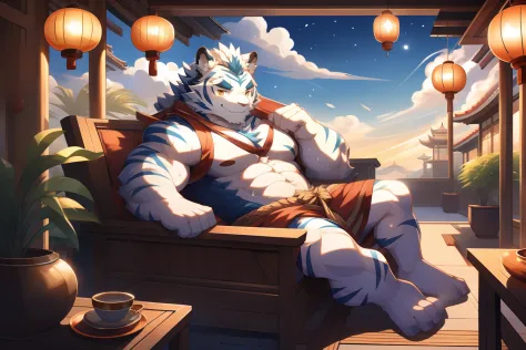 tmasterpiece，the night，Anthropomorphic white tiger，male people，26 year old，Thick eyebrows，Light blue fur，Strong body，Cyan Hanfu，Exposes large pectoral muscles，medium bulge，Recline on a recliner，Drinking tea，open air，vapour，sweat leggs，ssmile，Be red in the ...
